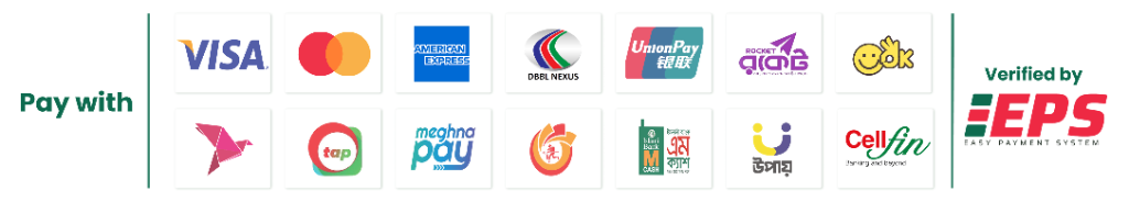 Pay with Visa, Mastercard, American Express, DBBL Nexus, UnionPay, Rocket, bKash, tap, MeghnaPay, mCash, Upay, OK Wallet and more — Verified by EPS